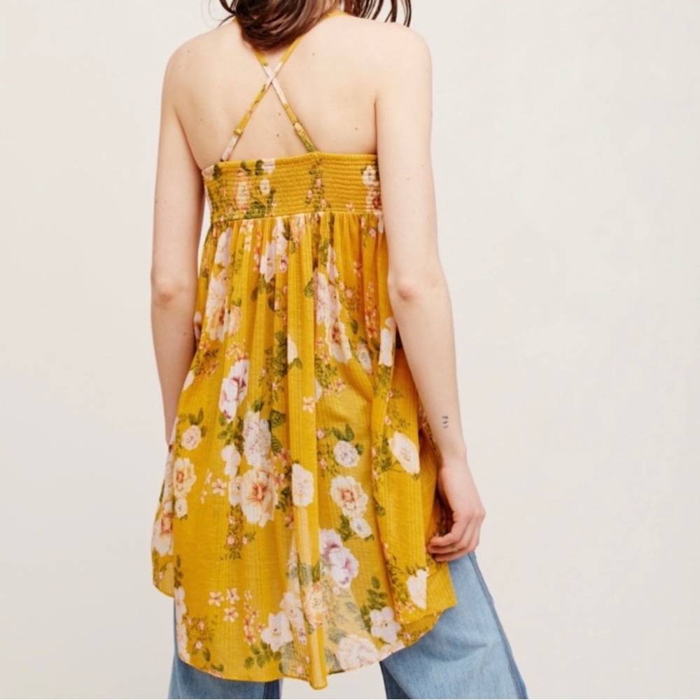 Free People Floral Print Yellow Draped High Low Sleeveless Boho Babydoll Top - Picture 8 of 14